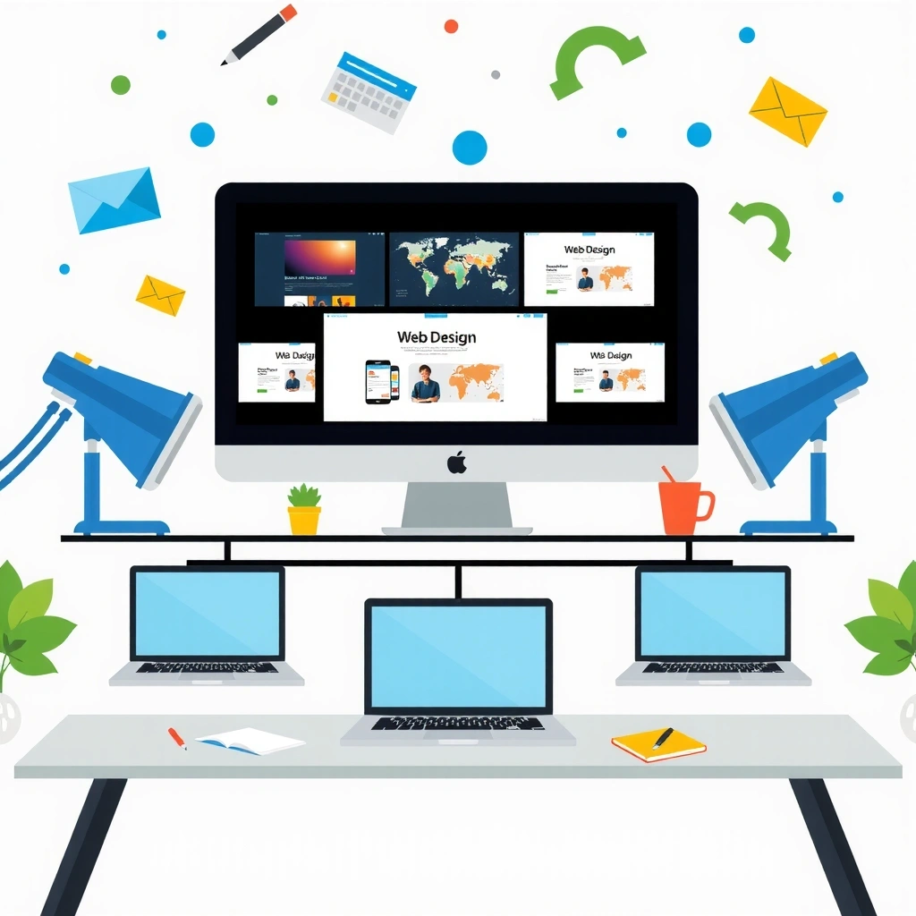 Modern web design workspace with computer screens and design elements
